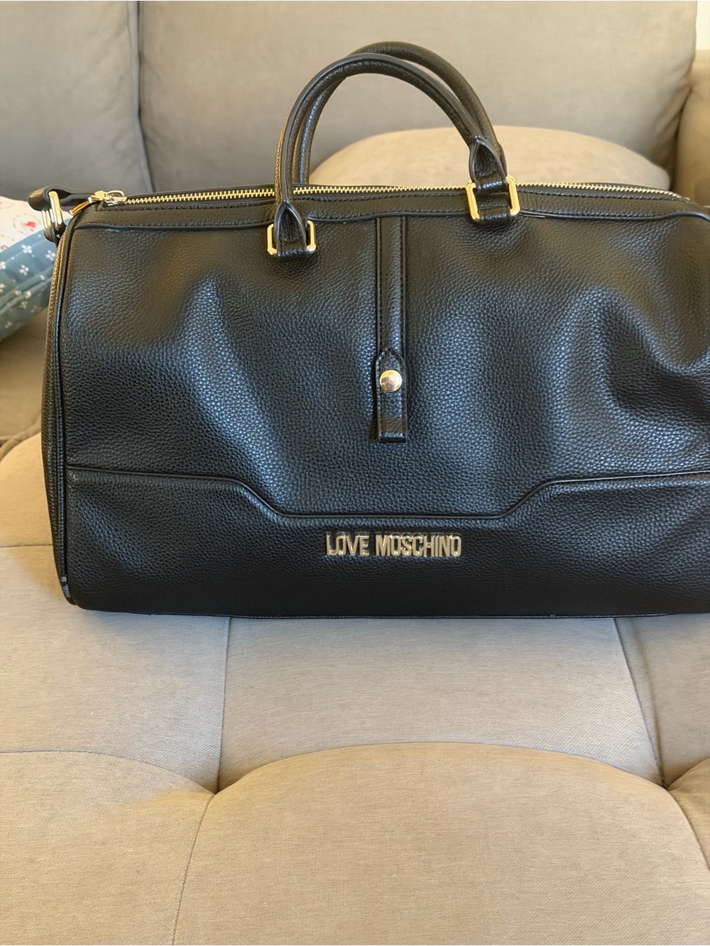 Love Moschino Black Pebbled Leather Duffel with Gold Hardware